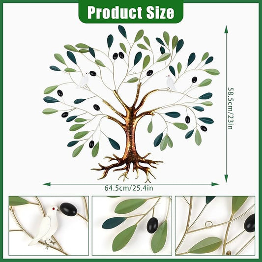 Fangoo Metal Green Olive Tree Metal Wall Art Tree of Life Home Decor with Dove of Peace 22 x 26 Large Olive Branches Lifelike Fruits Wall Hanging for Living Bedroom Garden Porch Office Wall Decor