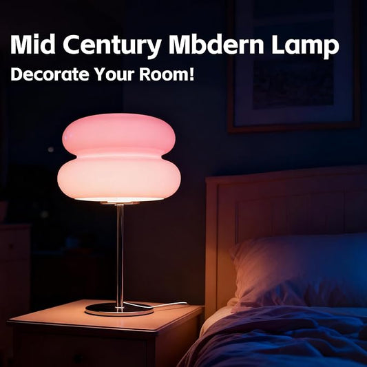 Table Lamp for Bedroom,Mid Century Modern Lamp for Nightstand, Dimmable Retro Egg Tart Bedside Small Lamps,Unique Home Mushroom Decor Aesthetic Cute Table Lamps nightstand lamp (Pink)