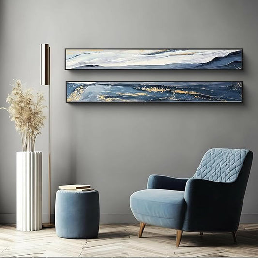 Large Framed Long Narrow Vertical Abstract Wall Art Set of 2, Premium Crystal Porcelain Canvas Prints, Navy Blue Gold Modern Design - Perfect for Entryway, Hallway, Living Room, Bedroom - 63x10 inch