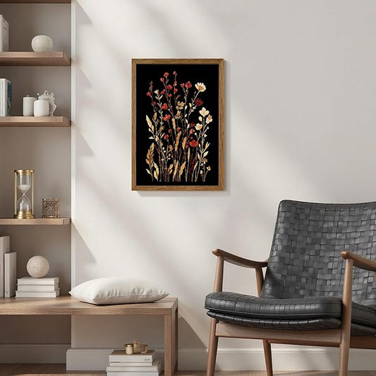 JLTULT Vintage Floral on Black Background Canvas Wall Art, Elegant Dark Wildflower Wall Decor, Botanical Painting Art Prints for Bedroom Bathroom Living Room Office 16x24 In Wood Framed Easy to Hang