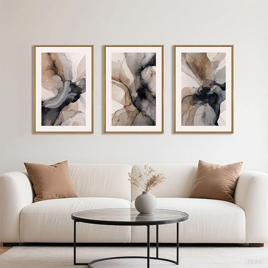 Celestdeco Large Abstract Neutral Framed Canvas Wall Art,Watercolor Black Ink Wall Decor,Modern Beige Brown Prints,Minimalist Line Artwork for Living Room,Bedroom,Dining Room,Office-24 x36 x3