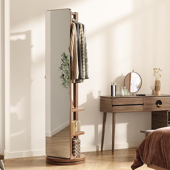 WoodsWhisper Full Length Mirror Coat Rack Solid Wood Floor Mirror 70"x16" Full Length Mirror with Stand Long Mirrors for Bedroom,Living Room (Walnut, 70" L x 16" W)