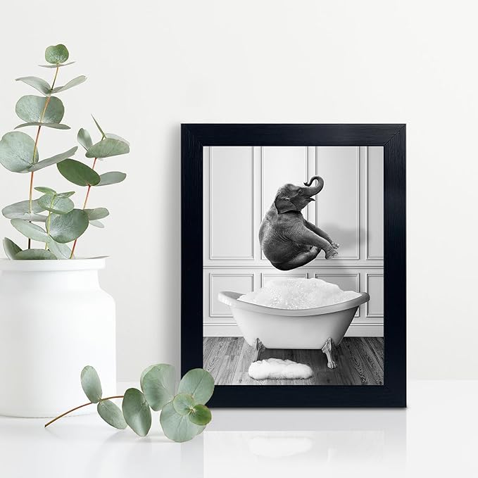 calmart Funny Elephant Wall Art - Washing Elephant In Bathtub Pictures for Wall Animal Paintings Please Seat Yourself Sign Framed Artwork Rustic Canvas Print Decor