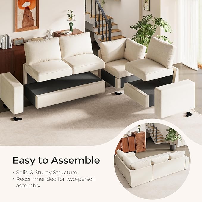 ELUCHANG 113" V-Shaped Modular Sectional Sofa Couch, Modern 4-Seat Comfy Linen Deep Seat Sofa with Corner, Removable Cover, Easy Assembly, Large Sofas & Couches for Living Room, Office, Beige