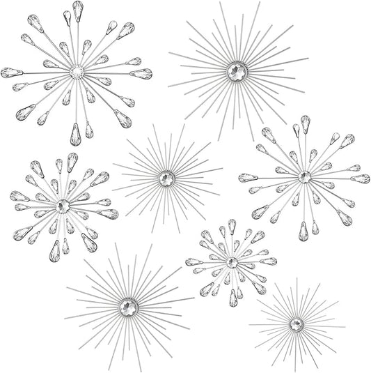 Blulu 8 Pcs Silver Metal Wall Art Cast Iron Starburst Wall Decor Bling Crystal Sculptures Living Room 3D Teardrop Radial Rhinestone Hanging Diamond Accents for Home Office Bedroom Entryway