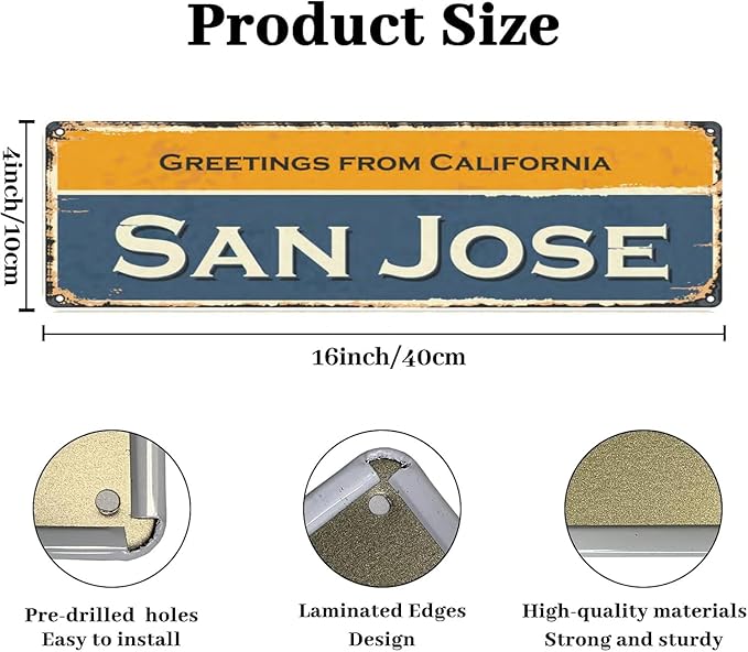 Welcome to US City Metal Wall Decor San Jose Metal Tin Sign Decorative Plaque Farmhouse Country Home Decor 4" X 16"