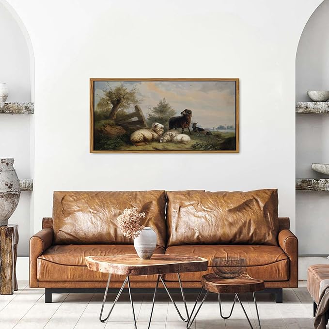 Rustic Sheep Canvas Wall Art Framed Vintage Country Pasture Animal Pictures Farmhouse Meadow Field Prints Painting Cottagecore Countryside Poster Artwork for Bedroom Living Room Home Decoration 20x40