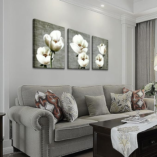 Lapremoly Canvas Wall Art For Bedroom Room Modern Wall Decor For Living Room Gray Green Vintage Style Wall Painting Artwork White Flowers Abstract Pictures 3 Panels Ready To Hang Kitchen Home Decor