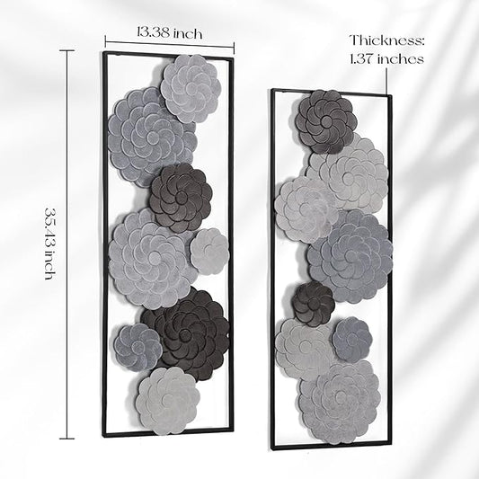 Oakrain 2 PCS Metal Wall Art - 35.4" X 13.4" Large Metal Flower Wall Decor with Frame, Modern Home Wall Decoration Sculpture for Living Room, Office, Bedroom, Study