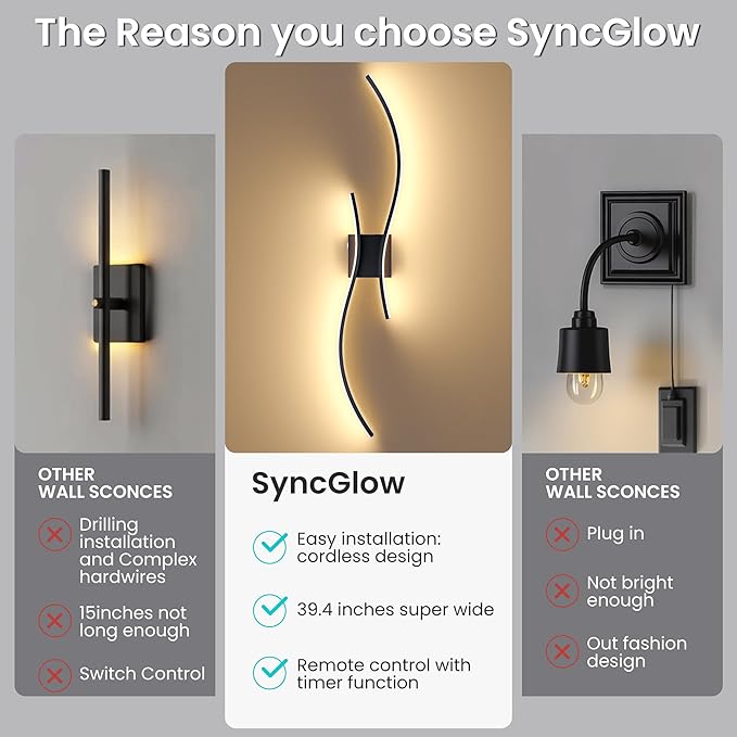 Battery Operated Wall Sconces Set of Two, 10000mAh Rechargeable Modern Wall Lights with Remote Control, Dimmable Black LED Cordless Lighting for Living Room, Bedroom, Hallway, 39.4 Inch, 3CCT