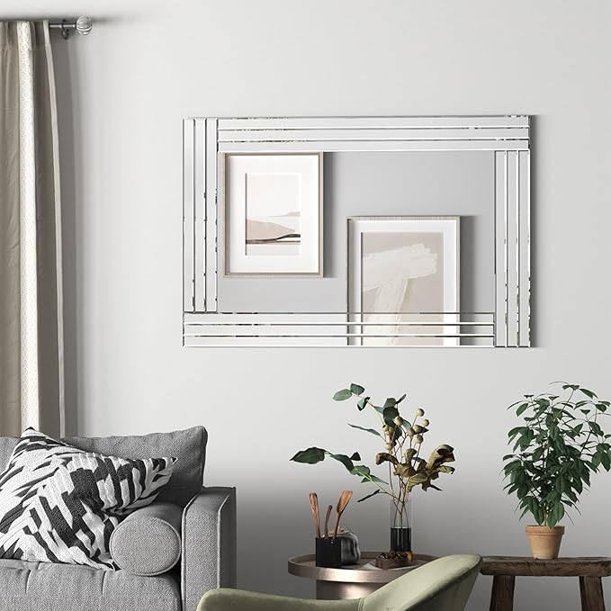Decorative Accent Mirror-28 x20 Sliver Rectangle Wall Mirrors, Art Mirror for Wall with Glass Frame for Living Room, Dining Room, Bedroom, Bathroom and Entryway