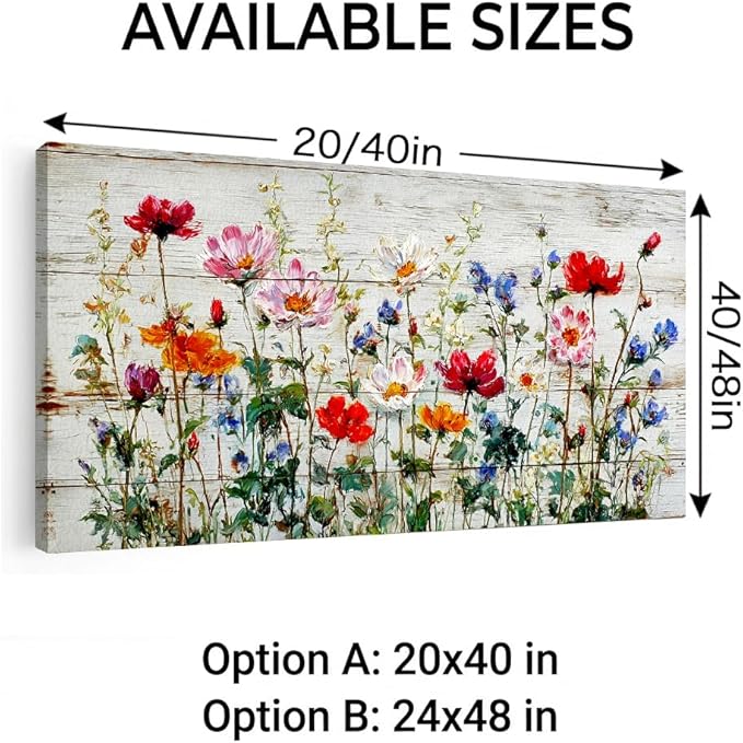 BQVCT Rustic Wildflower Canvas Wall Art 24x48 Inch on Distressed Wood Colorful Floral Print Red Pink Blue Orange Flowers Painting Farmhouse Home Decor for Living Room Bedroom