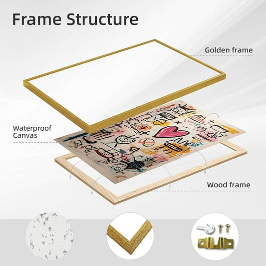 Large Gold Framed Modern Graffiti Wall Art Colorful Abstract Heart Doodle Canvas Poster Beige Textured Pink Love Painting Prints Modern Street Urban Pop Artwork for Bedroom Home Decor 24x36inch