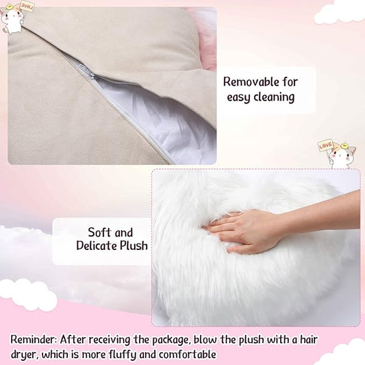 Enhon 2 Pcs Fluffy Heart Pillows Faux Fur Heart Shaped Plush Pillow Soft 20 x 15.7 Inch Love Throw Pillows with Insert for Decorative Office Home Bedroom Living Room Sofa(White)