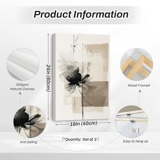 Modern Abstract Floral Wall Art Minimalist Neutral Canvas Painting Decor Beige Cream And Black Wall Art Contemporary Flower Picture Prints for Living Room Bedroom 16x24 Inch Wrapped Canvas Set of 2