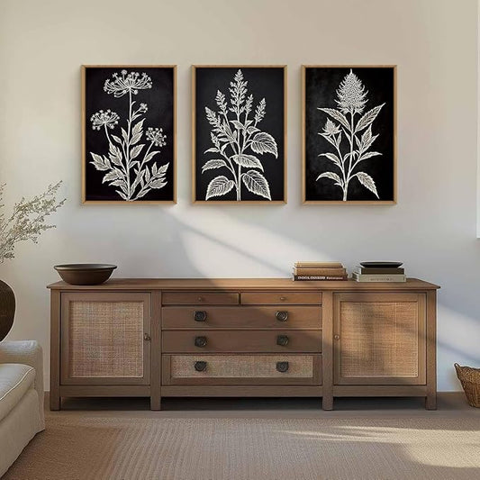HPNIUB Black and White Leaves Framed Wall Art Set,Minimalist Flower Botanical Floral Wall Decor,Boho Sketch Elegant Leaf Art Print,Modern Wildflower Artwork for Living Room, Bedroom,Office-16''x24''x3