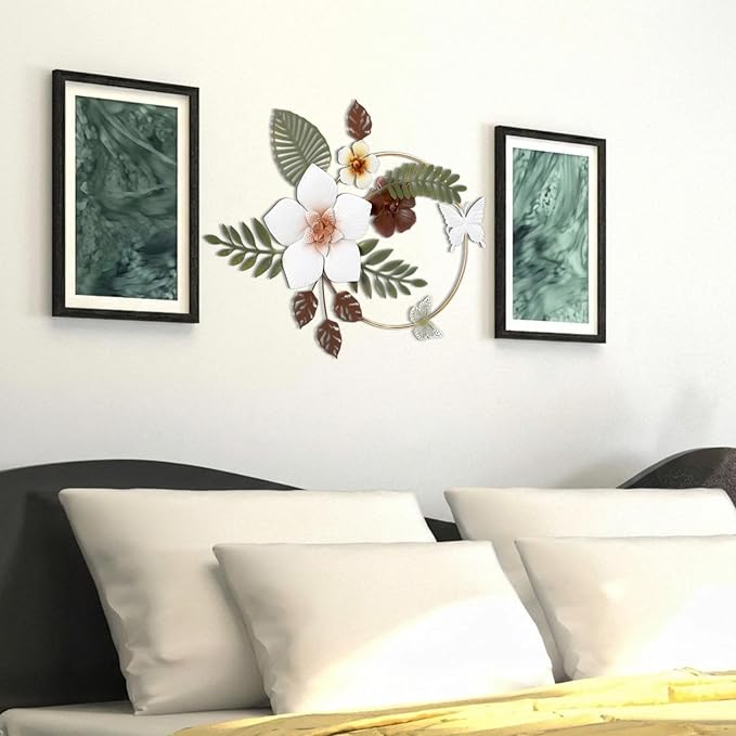 3D Metal Flower Wall Decor - 13.78'' Gold Circle Floral Wall Art with Green Tropical Leaves and Butterflies, Modern Boho Rustic Hanging Sculpture for Living Room Bedroom Bathroom Entryway Kitchen