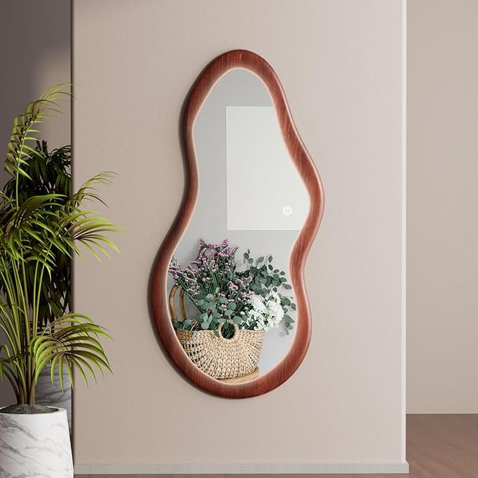 48"x 24" LED Wood Full Length Mirror with Lights Irregular Wavy Full Body Mirror Shatter-Proof Hanging/Leaning Wall Mounted Walnut Wooden Framed for Dressing Bedroom Living Room