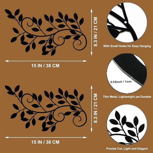 ESTART 2 Pieces Metal Tree Leaf Wall Decor Vine Olive Branch Leaf Wall Art Wrought Iron Scroll Sculptures for Above the Bed, Living Room, Bathroom, Hallway, Office, Outdoor Decoration (Black)