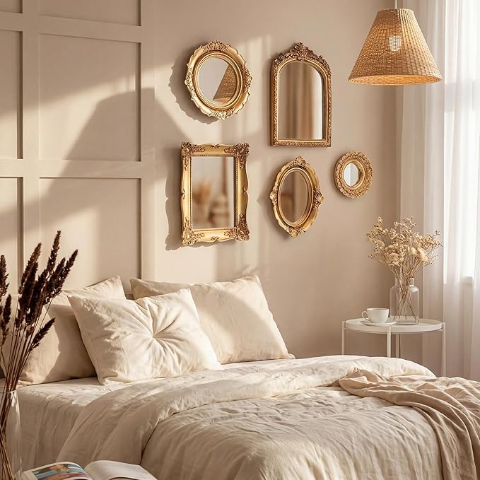5 Pcs Vintage Gold Mirror Luxury Set Small Gold Mirrors Vintage Gallery Wall Mirror Hanging Antique Art Decor for Wall Living Room Entryway Assorted Sizes (Stylish Style,10in/8in/7in/4in)