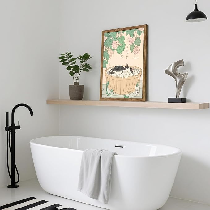 Japanese Cat Bathroom Wall Art Set of 3, Funny Cat in Bathtub Canvas Wall Decor Paintings, Vintage Japandi Cute Animal Aesthetic Poster Prints Pictures for Restroom Bathroom 16x24 Inch Framed