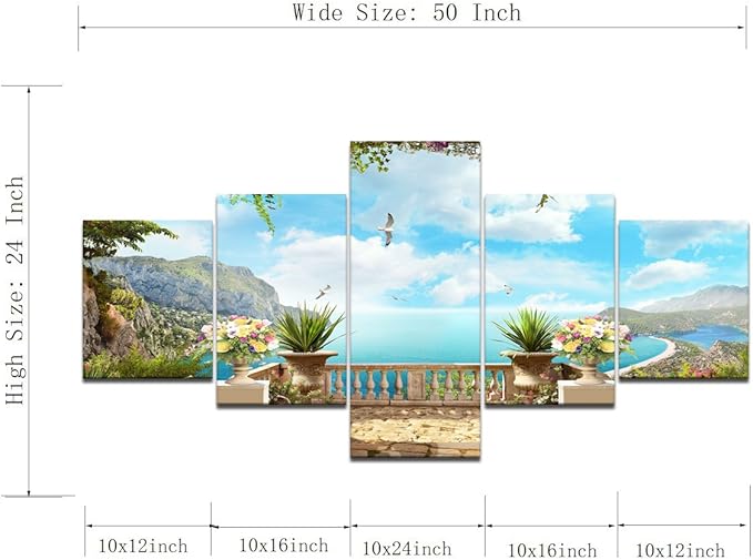Modern European Landscape Ocean Painting 5 Panels Combination Set Wall Art Canvas Pictures for Home Decoration Living Room Bedroom Posters and Prints Gallery-wrapped Framed Stretched (50''W x 24''H)