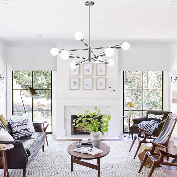 10.9"-52.3" Height Adjustable Sputnik Chandeliers Dining Room Light Fixture (8-Light, 30-Inch), Modern Brushed Nickel Chandelier, Mid Century Modern Chandeliers for Dining Room (Bulbs Not Included)