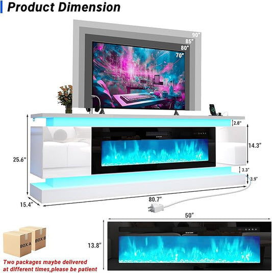 chartustriable 81IN LED TV Stands w/50 inch Fireplace Power Outlet for 90/85/80/75 Inch TVs,High Glossy Tall Modern TV Media Console Gaming with 2 Storage Cabinets,Dual LED Lights,White