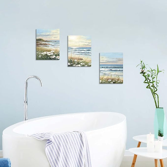 Hardy Gallery Beach Painting Ocean Wall Art: Seascape Artwork Coastal Picture Beach Scene Wall Decor and Seaside Canvas Art for Bedroom Decorations 16"x12"x3panels
