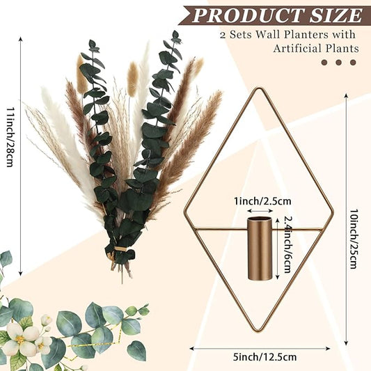 Jexine 4 Pcs Hanging Planters with Artificial Pampas Metal Hanging Vase Indoor Plants Holder Modern Geometric Boho Bathroom Wall Decor for Living Room Home Office, Antique Copper