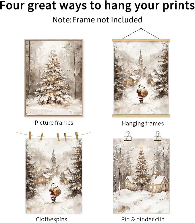 Christmas Wall Art Decor Winter Santa Pictures Vintage Christmas Canvas Poster Snowy Pine Trees Wall Art Xmas Forest Prints Santa Claus Painting Artwork for Bedroom Living Room 12x16x3 Inch Unframed