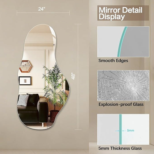 Niccy 48"×24" Frameless Cloud Full Length Mirrors, Long Wall-Mounted Mirror for Living Room, Large Full Body Mirror, Explosion-Proof Tall Hanging-Mirror for Bathroom Bedroom Entryway Decor