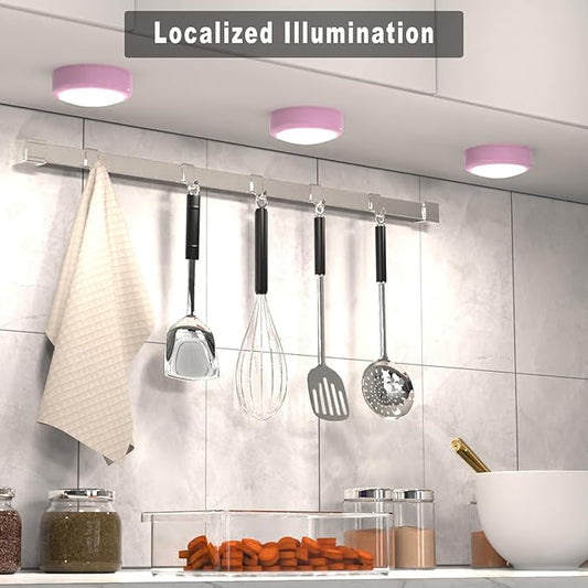 HELPLEX LED Puck Lights with Remote, 6 Pack Color Changing RGBW Stick-On Light, Battery Powered, Dimmable Under Cabinet Lighting with Timer & Memory, Wireless Push Lights for Kitchen & Closet, Pink