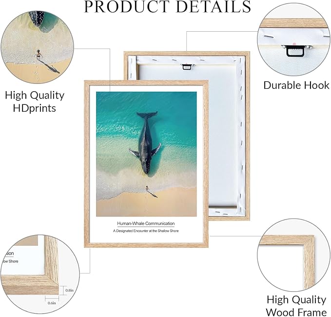 Framed Nautical Bathroom Wall Art Decor Blue Coastal Ocean Landscape Painting Print Artwork Whale Tail on Surface Picture for Modern Bedroom Kitchen Kids Room Home Decor 12"x16"x2 Pcs