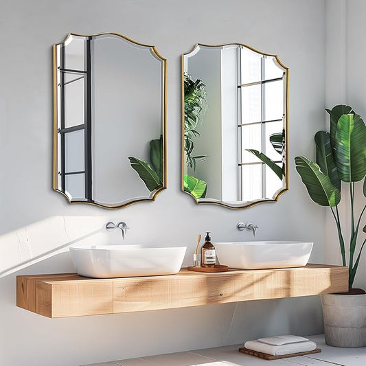 POZINO Scalloped Beveled Mirror, 22"x30" Modern Bathroom Vanity Mirrors for Over Sink, Brushed Gold Rectangle Wavy Mirror for Living Room Bedroom Entryway Fireplace, Hangs Vertically or Horizontally