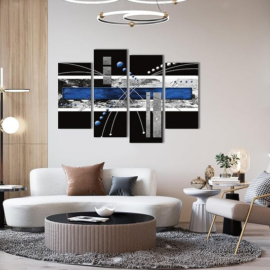 YPY Black Blue Canvas Wall Art - 4 Panels Modern Abstract Picture Set for Home Decoration - Extra Large Contemporary Painting Artwork Ready to Hang Living Room Bedroom W64 x H42