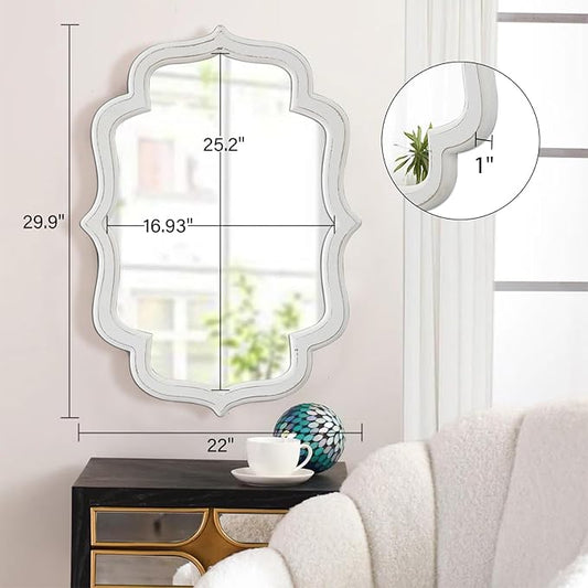 Vintage Oval Wall Mirror 22 X 30 Inch, Hanging Distressed White Scalloped Rustic Wood Wall Mirrors for Bathroom Bedroom Living Room, Farmhouse Entryway Mirror, Horizontal or Vertical