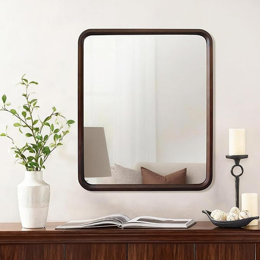Bathroom Mirror for Wall,Wood Rectangle 30 x 36 inch Hanging Vatiny Tempered Mirrors with Rounded Corner for Living Room,Bedroom,Entryway