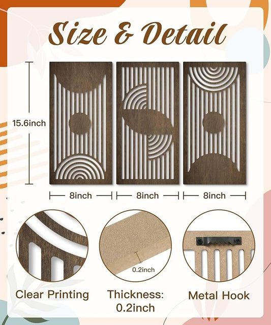 Putuo Decor Geometric Wood Wall Art Set of 3 Modern Mid-Century Modern Aesthetic Wall Decor Modern Wooden Wall Sculptures for Living Room Office Hallway Brown Line Art Decor