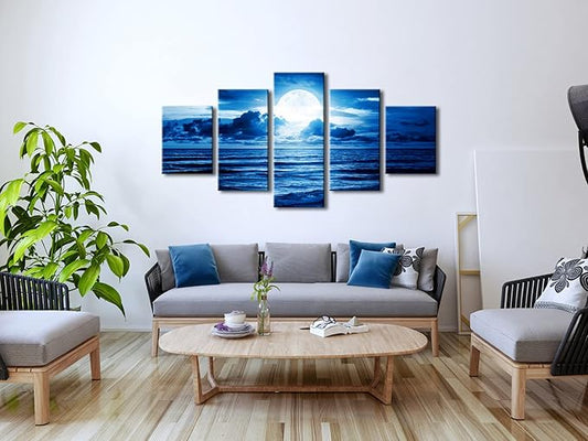 Pyradecor Blue Clouds Modern 5 Panels Moon Sea Beach Canvas Wall Art Large Gallery Wrapped Landscape Giclee Canvas Prints Pictures Artwork Paintings for Living Room Bedroom Home Decorations L