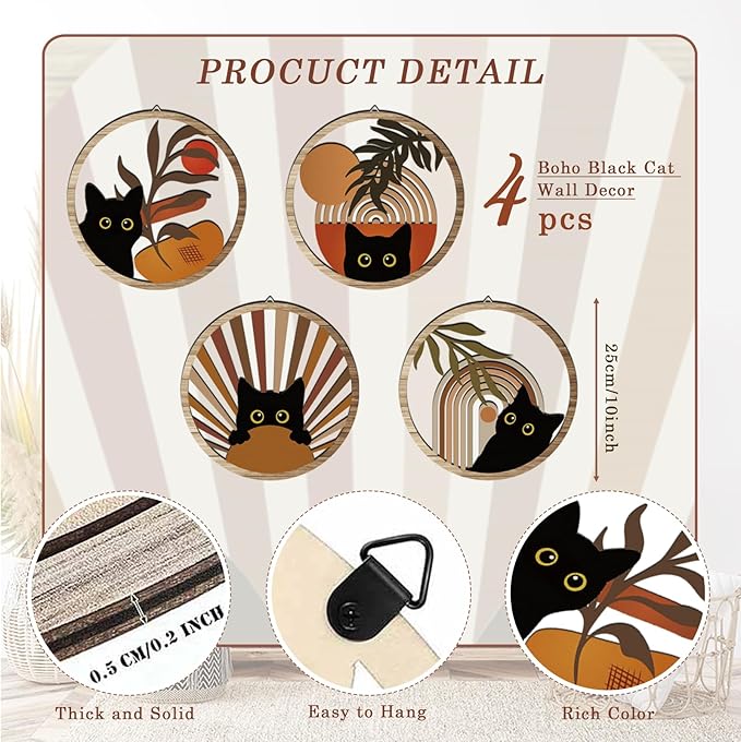 Boho Black Cat Wall Art Black Cat Room Decor Aesthetic, 4-Piece Farmhouse Geometric Wooden Cat Wall Decor Mid-Century Bohemian Moon Sun Design for Nursery, Bedroom Perfect Cat Lover Gifts