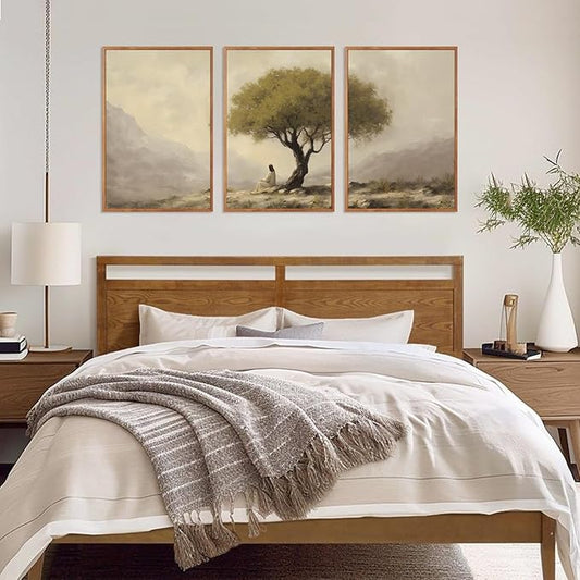 HLNIUC Jesus Sitting Under Olive Tree Canvas Wall Art,Religious Christian Wall Decor(24x36x3),Easter God Bible Story Framed Artwork,Vintage Garden of Gethsemane Prints for Church,Living Room,Bedroom