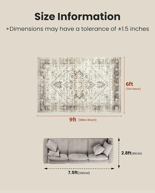 AMADA HOMEFURNISHING 6x9 Area Rugs, Blue Low-Profile Washable Rug with Non-Slip Backing & Durable Edge Binding, Vintage Rugs for Living Room, Bedroom, Dinning Room