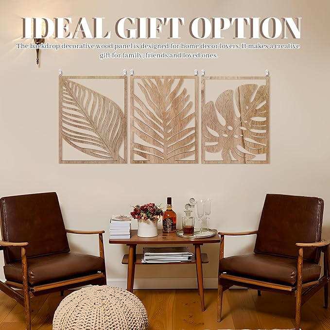 3PCS Tropical Wall Art, Wall Art Decor Leaf Sign Wall Vintage Tropical Plant Wall Rustic Palm Leaf, Modern Wooden Wall Sculptures for for Living room, Bedroom, Office, Wood Decor Accents, Home Decorations(16.5x 12.6x0.2in)