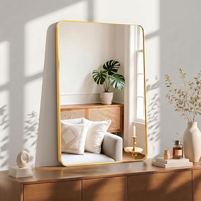 OLIXIS Bathroom Mirror for Over Sink, 38x26 Inch Wall Mount Mirror with Rounded Rectangle and Matte Metal Framed, Modern Wall Vanity Mirror for Home Decor, Living Room, Bedroom, Gold