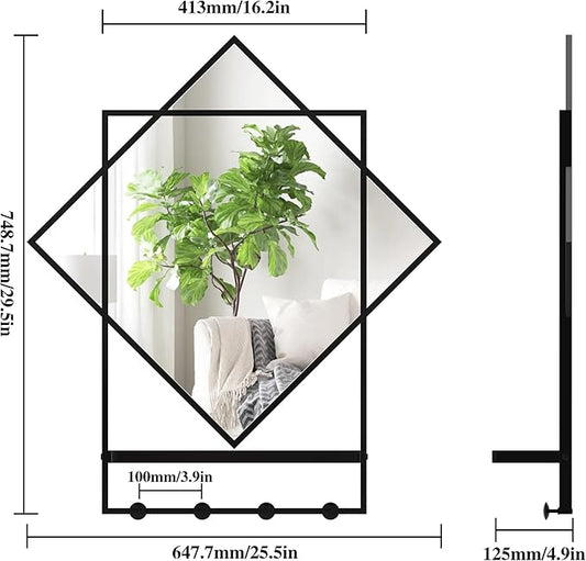 Black Entryway Mirror with Hooks, 26" X 30" Wall Mirror with Hooks, Bathroom Mirror with Shelf, Rectangular Framed Wall Mirror with Shelf and Hooks