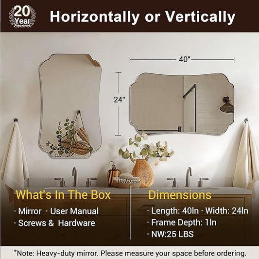 ANDY STAR 24"x40" Brushed Nickel Mirror, Scalloped Bathroom Wall Mirror in Anti-Rust Stainless Steel Metal Frame 1’’ Deep, Hangs Vertically/Horizontally