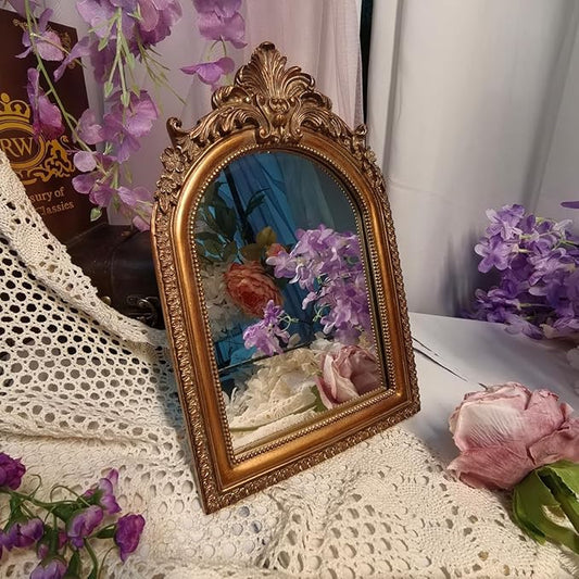 Bronze Vintage Vanity Desk Makeup Mirror Antique Decorative Wall Mirror,Resin Carved Arched Mirror for Living Room,Bedroom Dresser,Home Decor (Large)