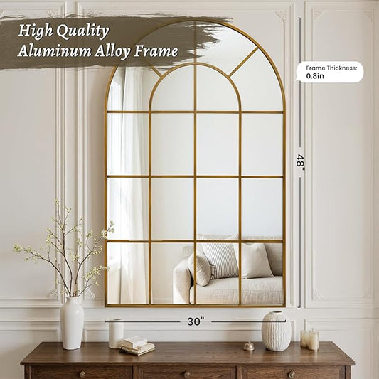 Anpark Arched Windowpane Wall Mirror 30"x48" Bronze Wall Mounted Art Pane Mirror Farmhouse Decorative Mirror Leaning Hanging Wall Mirror for Bedroom Living Room Entrance Hallway Wall Decor
