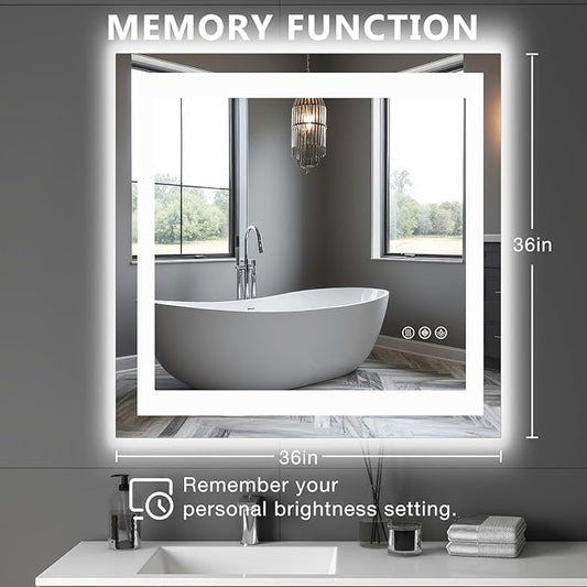 DUMOS 36.1"x36.1" LED Bathroom Mirror, Smart Anti-Fog Bathroom Vanity Mirror with Front Light & Backlit, 3 Color Temperatures, Dimmable, Memory Function